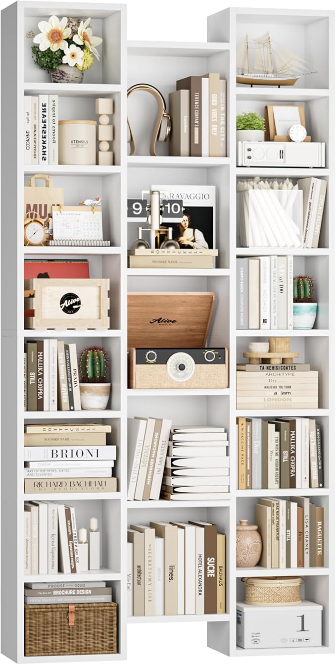 FOTOSOK 71โโWhite Bookshelf, Triple Wide Bookshelf with Adjustable Shelves, 8 Tier Media CD DVD Storage Tower Rack, Diaplay Cabinet Shelf, Tall Bookcase for Home Office, White