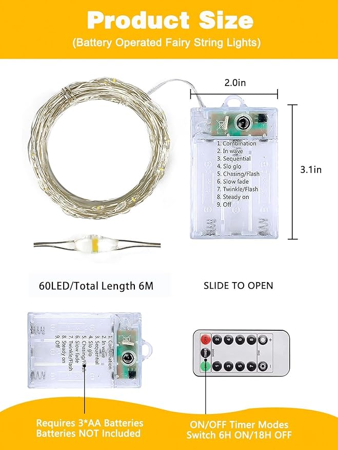 8 Pack Each 20FT 60LED Fairy Lights Battery Operated with Remote, Waterproof Twinkle Lights with Timer, Cuttable String Light Indoor & Outdoor for Bedroom Classroom Wedding DIY Christmas (Warm White)