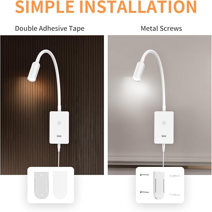 LED Wall Mounted Bedside Reading Light, Touch Dimmable Spot Lamp for Bedroom Headboard Light with 5V2A USB Port, Flexible Gooseneck, 4 Brightness Levels, Neutral White 4000K Lighting