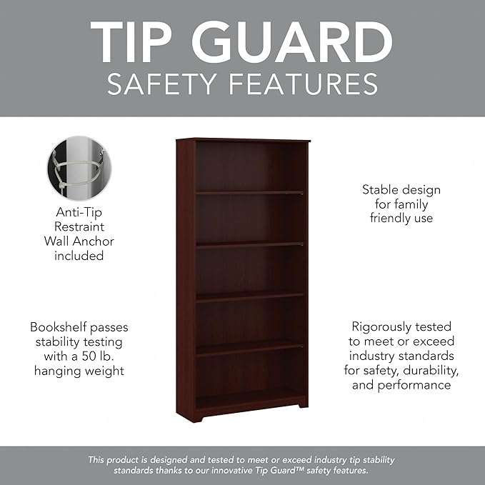 Bush Furniture Tall 5 Shelf Bookcase, Large Open Bookshelf, Sturdy Display Cabinet for Living Room or Home Office, Cabot Collection, Harvest Cherry