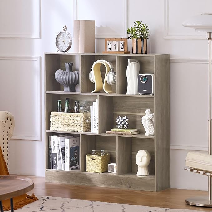 LEYAOYAO 8 Cube Bookshelf with Base,3 Tier Mid-Century Modern Gray Bookcase,Standing Wide Bookshelfs Storage Organizer Shelf,Rustic Wood Display Cabinet Book Shelves for Bedroom,Living Room,Office