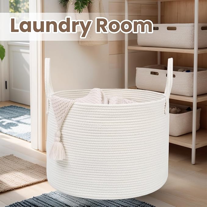 Woven Blanket Basket,65L Large Rope Storage Bin with Handles, Organizer for Blankets Toys Book and Clothes, Laundry Basket for Living Room Bedroom Nursery,White