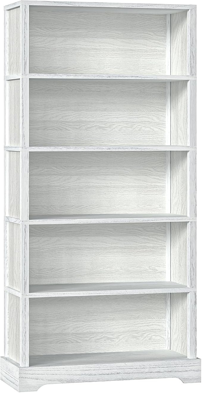TVU 5-Tier Wooden Book Shelf, 65" Tall Bookshelf with Storage, Floor-Standing Display Bookcase, Farmhouse Style Bookshelf with Arched Base, Suitable for Living Room, Study, Office, Antique White