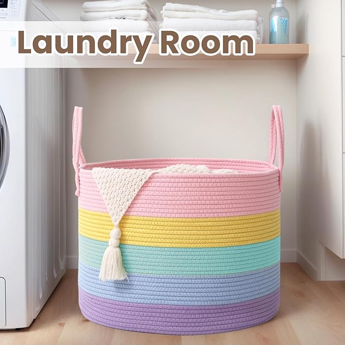 Woven Blanket Basket,115L Large Rope Storage Bin with Handles, Organizer for Blankets Toys Book and Clothes, Laundry Basket for Living Room Bedroom Nursery,Rainbow
