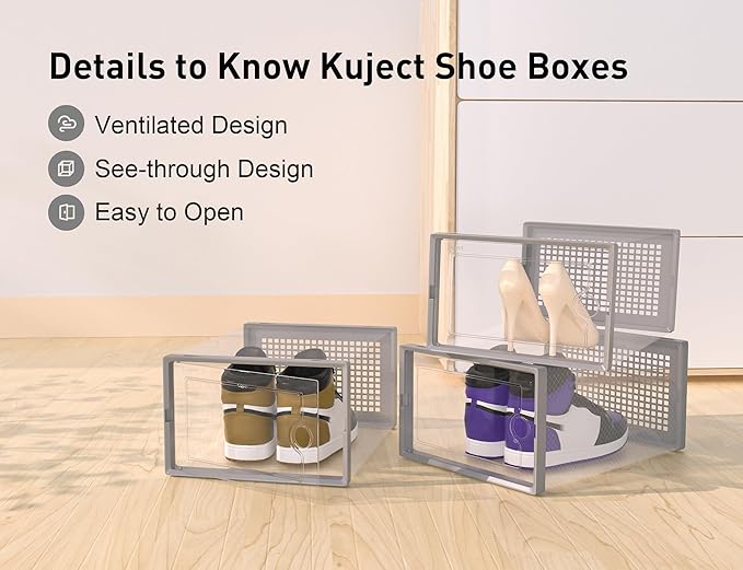Kuject XX-Large Shoe Storage Boxes Organizers Clear Plastic Stackable 12 Pack, Shoe Rack & Holder Substitute, Sneaker Containers, Toy Storage Organizer Bins for Entryway, Closet, Under Bed, Grey