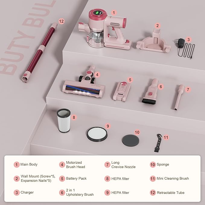 Cordless Stick Vacuum Cleaner, 30KPa Handheld Rechargeable Battery Lightweight Small Pink Vac Electirc Broom, 40Mins Runtime for Home Hard Floor Carpet Pet Hair Cleaning, LED Screen