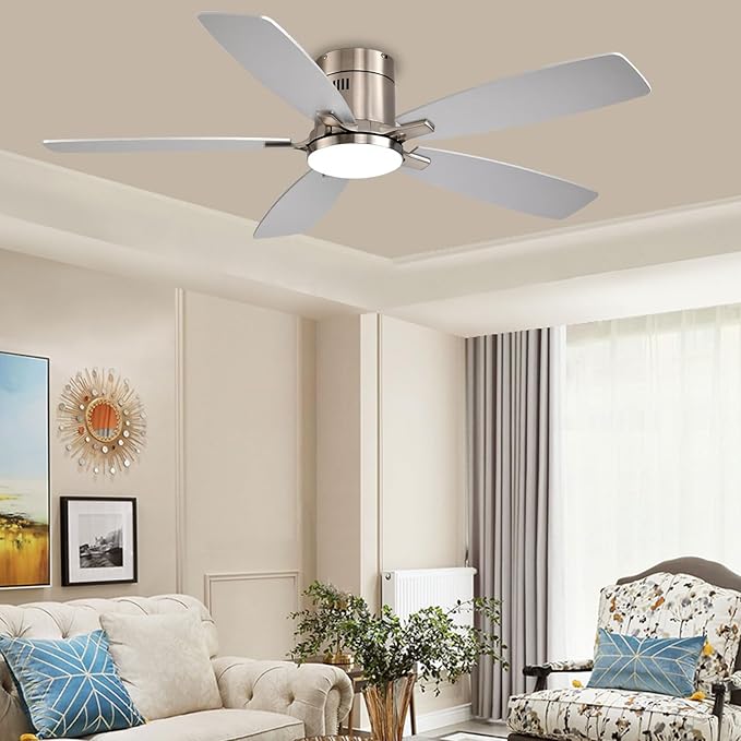52 Inch Low Profile Ceiling Fans with Lights and Remote, Flush Mount Modern Ceiling Fan, 3CCT Dimmable DC Ceiling Fan for Bedroom, Living Room, Brushed Nickel