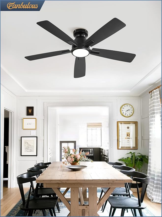 46 inch Ceiling Fans with Lights, Flush Mount Ceiling Fan and Remote, Modern Low Profile, 3CCT 20W LED Light with 6-Speeds Quiet Reversible Motor, for Bedroom, Living Room, Apartment, Black