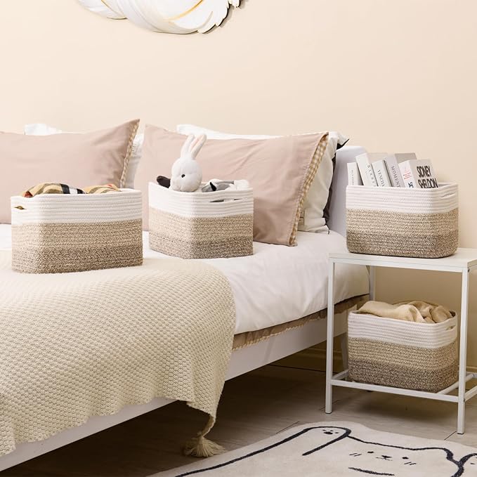 Shelf Baskets for Organizing, Storage Baskets for Shelves, Woven Baskets for Storage, Cotton Rope Baskets with Handles for Toy, Book, Clothes, 12.5"Lx9.1W"x7.9H", (4 Packs) Gradient Brown