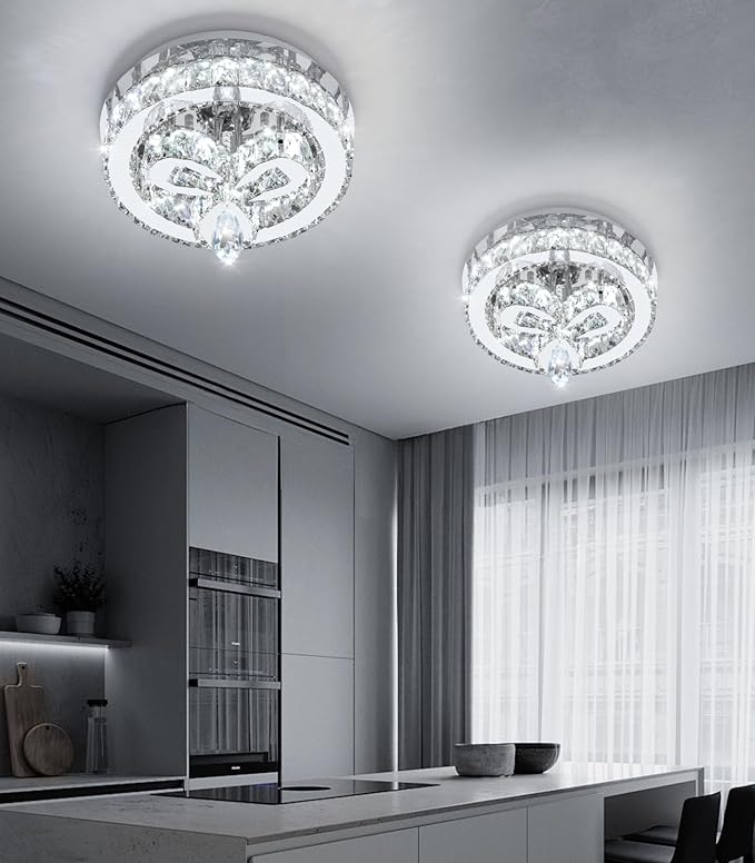 12'' Modern Crystal Chandelier LED Dimmable Flush Mount Ceiling Light Pendant Light for Hallway Living Room Bedroom Dining Room Foyer Silver