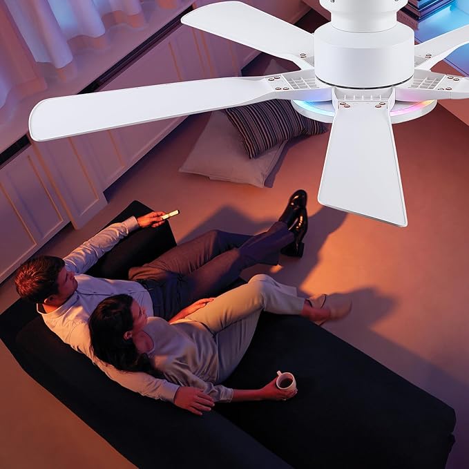 Ceiling Fans with Lights and Remote/APP Control, 52" Low Profile Flush Mount Ceiling Fan with RGB Ring Light & Dimmable, 5 Reversible Curved Blades 3 CCT 6 Speeds for Kids Room Living Room, White