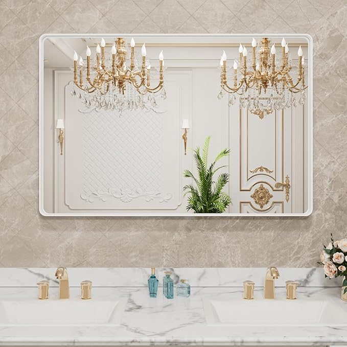 LOAAO 48x36 Inch White Metal Framed Bathroom Mirror for Wall, White Bathroom Vanity Mirror Farmhouse, Large Rounded Rectangle Mirror, Anti-Rust, Tempered Glass, Hangs Horizontally or Vertically