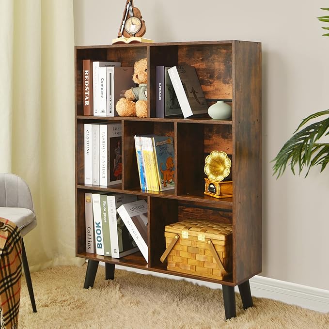 LEYAOYAO Cube Bookshelf 3 Tier Mid-Century Rustic Brown Modern Bookcase with Legs,Retro Wood Bookshelfs Storage Organizer Shelf,Freestanding Open Book Shelves for Bedroom,Living Room,Office