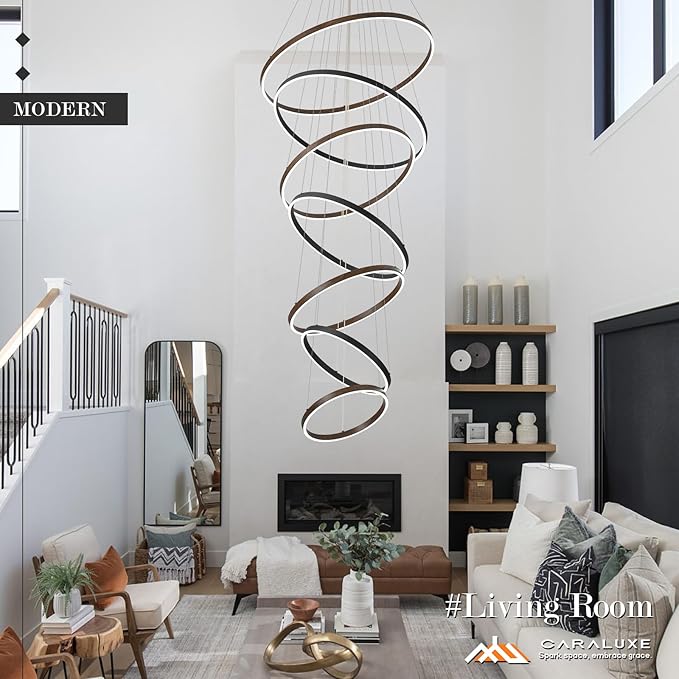 7 Ring LED Chandelier Black Walnut Wood Chandelier Large Dimmable Circular Chandeliers Light High Ceiling Round Chandeliers for Foyer Staircase Living Room 31in