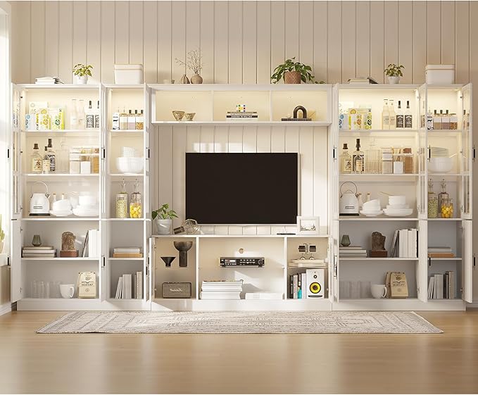 MEISSALIVVE 4-Piece Wall Unit TV Stand with Storage & LED Lights for TVs up to 75", Modern Entertainment Center with Bookshelves & 6-Door Pantry Cabinet, White