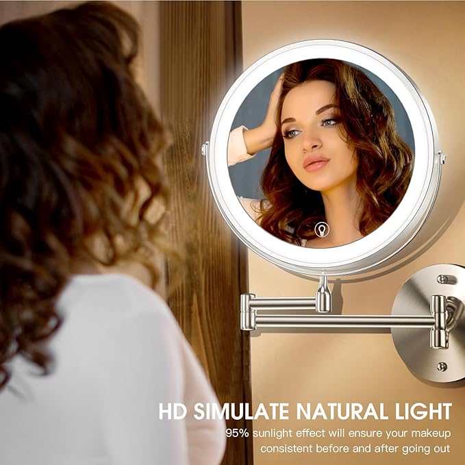 Wall Mounted Lighted Makeup Mirror, 8" Rechargeable Double-Sided Light up Magnifying Mirror 1x/10x, 3 Color Led Vanity Mirror with Lights, Touch Dimmable 360° Rotation Foldable-Nickel