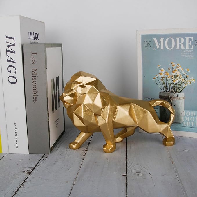 Golden Lion Sculpture - Abstract Geometric Animal Statue for Coffee Tables, Bookshelf Niches - Resin Lion Figurines Home Decor Crafts Ornaments