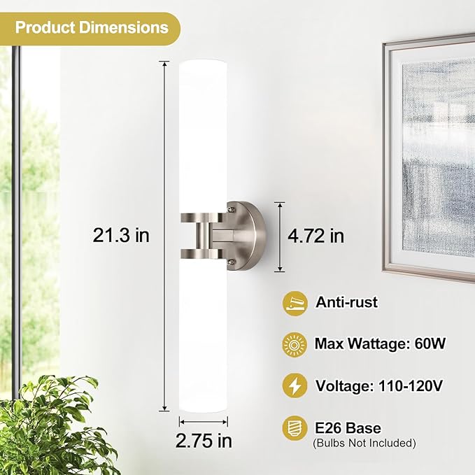 Wall Sconces Set of Two, Brushed Nickel Gold Bathroom Sconces Wall Lighting with Milky White Glass, Modern Sconces Wall Decor Set of 2 Wall Light fixtures for Bathroom Mirror Living Room Bedroom