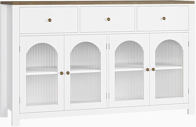 FINETONES Buffet Cabinet with Storage, 55.1" Large Sideboard Buffet Cabinet, Farmhouse Kitchen Cabinets with 3 Drawers and 4 Doors, Wood Coffee Bar for Kitchen Dining Room
