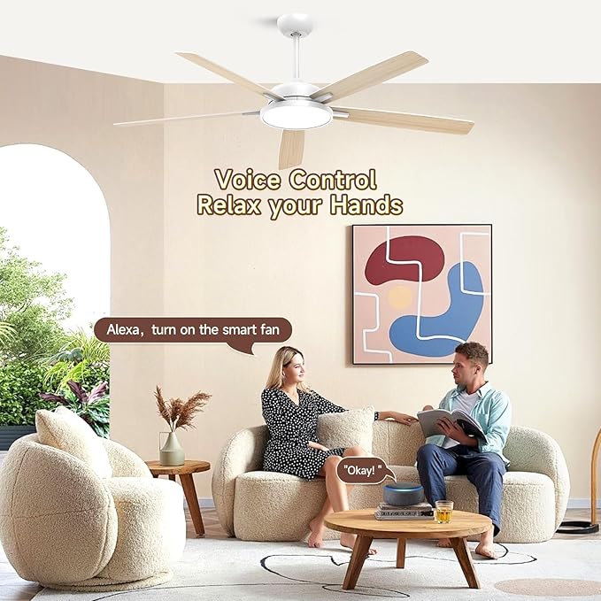 Roomratv Ceiling Fans with Lights,62 Inch Smart Ceiling Fan,Remote and App Control,Dimmable,Reversible,Noiseless, Compatible with Alexa,Google Home,Large White Modern ceiling fan for Indoor/Outdoor