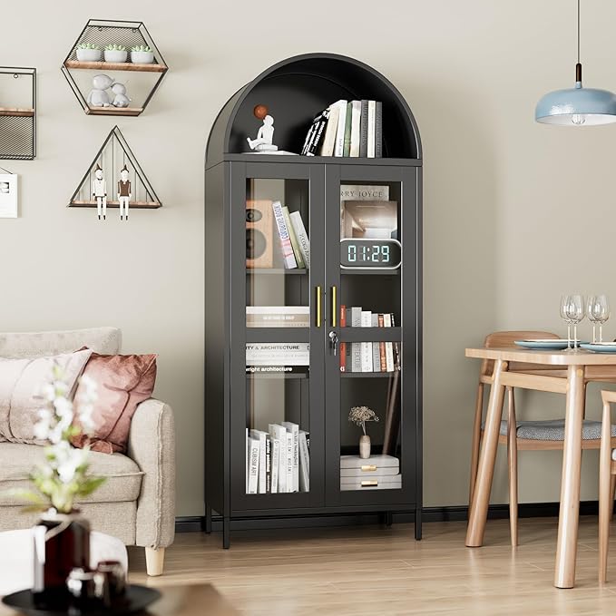 Metal Arched Cabinet with Lock, Arch Display Bookcase with Glass Doors/Shelves, Modern Freestanding Kitchen Pantry Storage Cabinet for Dining Room, Home, Office, Assembly Required (Black)