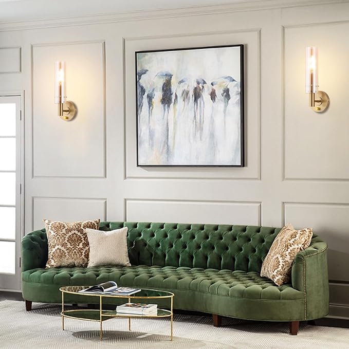 Modern Wall Sconces with Striped Amber Glass Shades Gold Brushed Brass Bathroom Vanity Light Fixtures Dimmer ON/Off Switch Indoor Wall Light for Mirror Living Room Bedroom Hallway Staircase