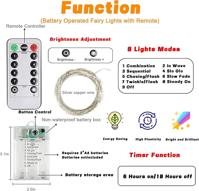 6 Pack 60LED Battery Operated Fairy Lights with Remote, 8 Modes LED String Lights with Timer, Dimmable, Memory Function, Waterproof Twinkle Fairy Lights for Outdoor Indoor Christmas Decor(Cool White)