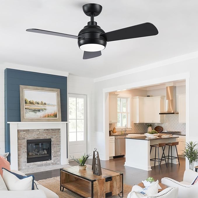 42 Inch Ceiling Fans with Lights, Black Ceiling Fan with Light and Remote Control, Reversible, 6 Speeds, 3CCT, Dimmable, Modern LED Ceiling Fan for Bedroom, Indoor/Outdoor