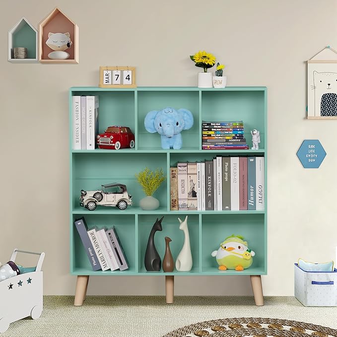 LEYAOYAO 8 Cube Bookshelf 3-Tier Bookcase with Legs, Mint-Green Kids Book Shelf Cute Storage Organizer, Large Open Toy Shelves Modern Bookshelfs,Display Bookcases for Bedroom,Living Room,Nursery