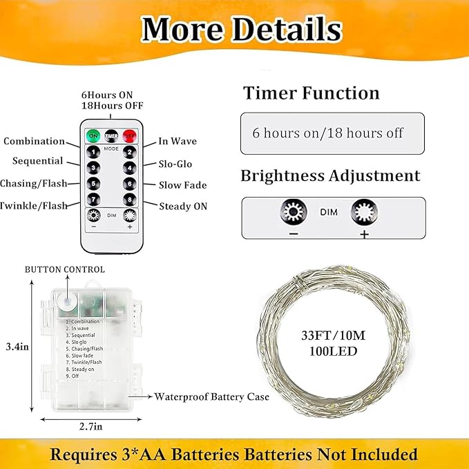 2-Pack Fairy Lights Battery Operated with Remote, Waterproof 33FT 100 LED Battery String Lights Outdoor Indoor, 8 Modes Twinkle Lights with Timer for Bedroom Classroom DIY Christmas Decor (Warm White)