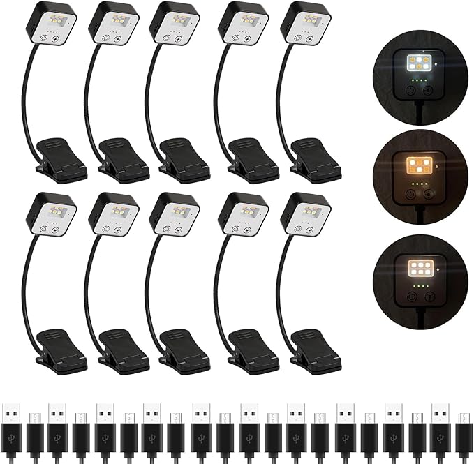 10 Pack Rechargeable Book Lights for Reading at Night in Bed, LED Book Light with Memory Function Lightweight Booklight Bulk Clip on Small Portable Travel Reading Lamps for Book Lovers USB Charging