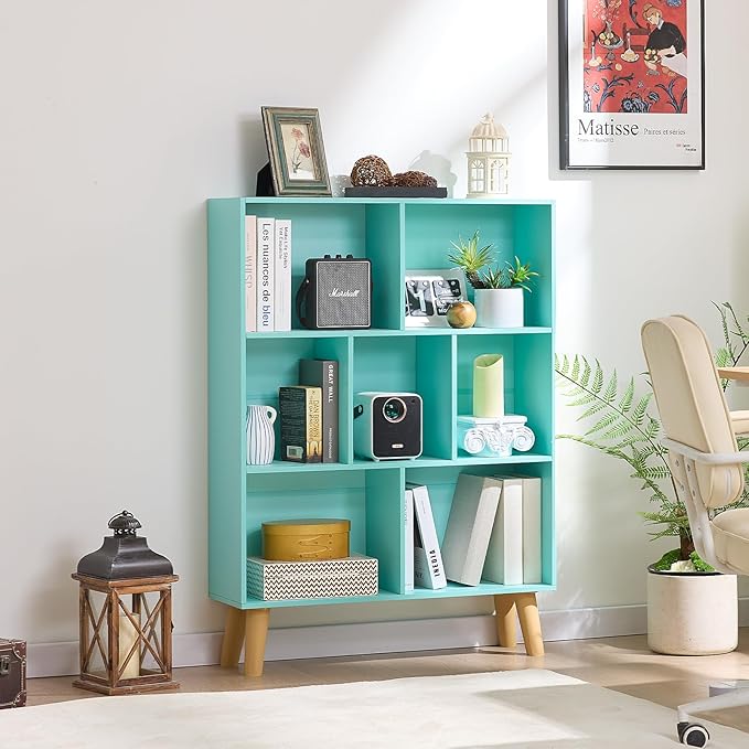 LEYAOYAO 7 Cube Bookshelf 3-Tier Bookcase with Legs, Mint-Green Kids Book Shelf Cute Storage Organizer, Toy Shelves Bookshelfs,Wood Display Bookcases