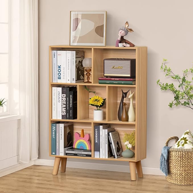 LEYAOYAO Wooden 7 Cube Book Shelf, Natural 3 Tier Bookshelf with Legs, Modern Open Storage Organizer,Boho Bookcase,Display Cabinet Shelf Free Standing Bookshelfs for Bedroom,Living Room,Office