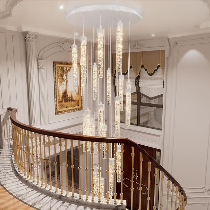 157" Long Light 25-Lights Silver Chandeliers for Entryway High Ceiling Pendant Lights Crystal Drop Light for Living Room Foyer Hallway Staircase