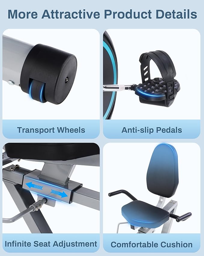 Recumbent Exercise Bike for Seniors - Quick Adjust Seat, Magnetic Recumbent Bike with Quiet 16-Level Resistance, 400LB Weight Capacity, Backlit LCD Monitor, Heart Rate Handle