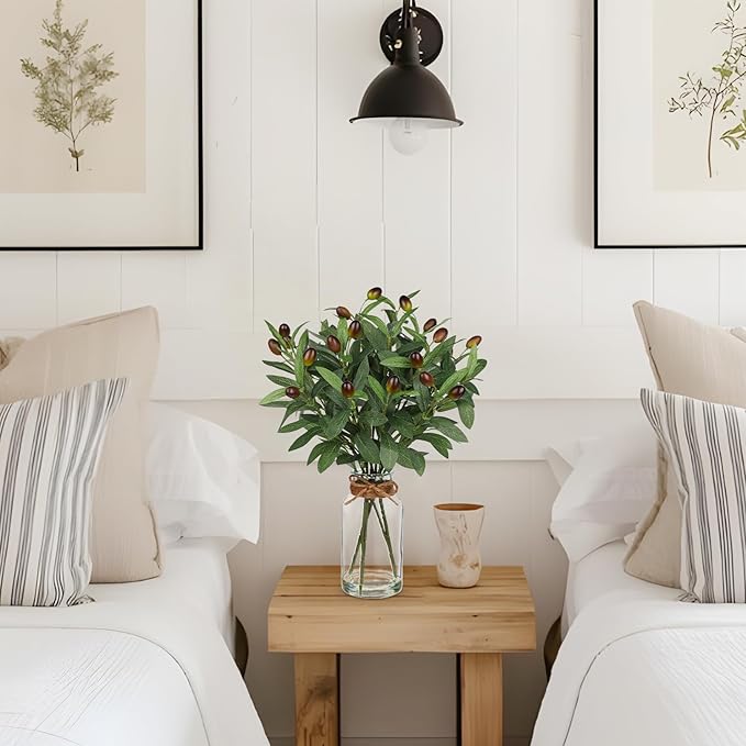 Hollyone Artificial Olive Branch in Glass Vase with Faux Water 15.7" Fake Plants Olive Leaves Stems for Indoor Shelf Desk Home Bathroom Wedding Table Centerpiece Decor