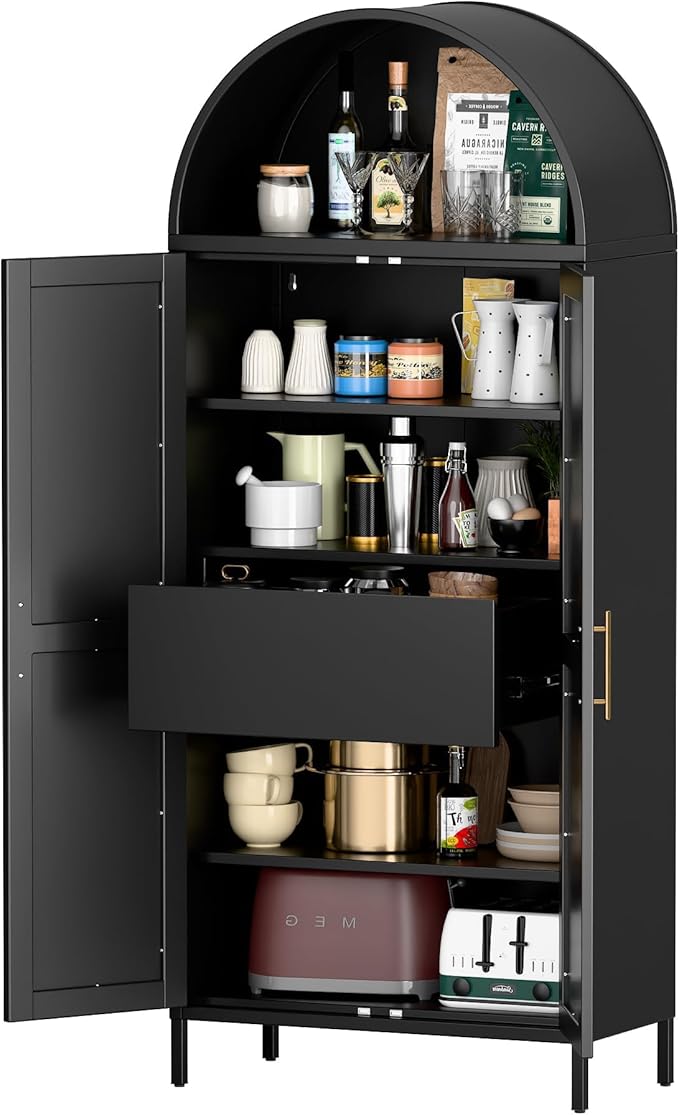 73'' Tall Metal Arched Cabinet, Modern Black Arch Bookshelf Display Cabinet with Doors/Shelves/Internal Drawers for Home Office Kitchen Bar Living Room