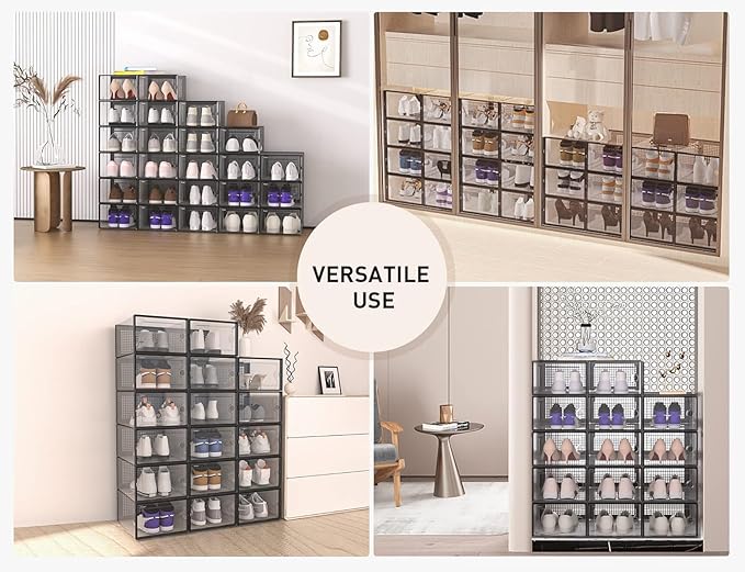 Kuject XX-Large Shoe Storage Boxes Organizers Clear Plastic Stackable 12 Pack, Shoe Rack & Holder Substitute, Sneaker Containers, Toy Storage Organizer Bins for Entryway, Closet, Under Bed, Black