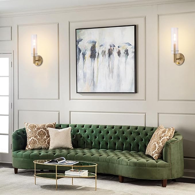 Modern Wall Sconces with Dimmer ON/Off Switch Gold Brushed Brass Bathroom Vanity Light Fixtures Striped Clear Glass Shades Indoor Wall Light for Mirror Living Room Bedroom Hallway Staircase