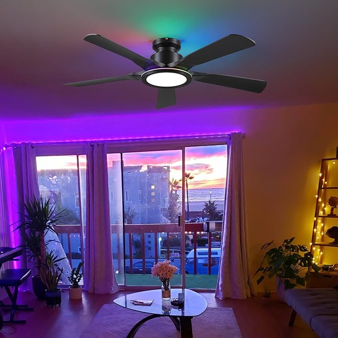Ceiling Fans with Lights and Remote/APP Control, 52" Low Profile Flush Mount Ceiling Fan with Dimmable RGB Ring Light, 5 Reversible Curved Blades 3 CCT 6 Speeds for Bedroom Party, Black