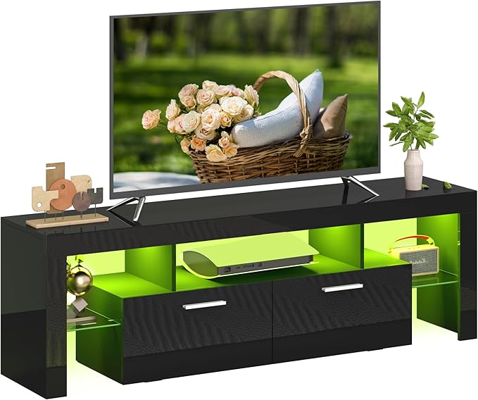 63 inch Modern High Gloss LED TV Stand with Storage for 40 50 55 60 65 70 inch TV, Gaming Entertainment Center, TV Cabinet with Glass Shelves for Living Room, Bedroom, Black