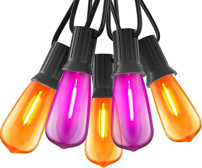 ST40 Purple and Orange Halloween Lights,10FT Outdoor LED Halloween String Lights with 11 Orange/Purple Flame Bulbs,Hanging Decorative Light String for Garden Porch Gazebo Bistro,Black Wire