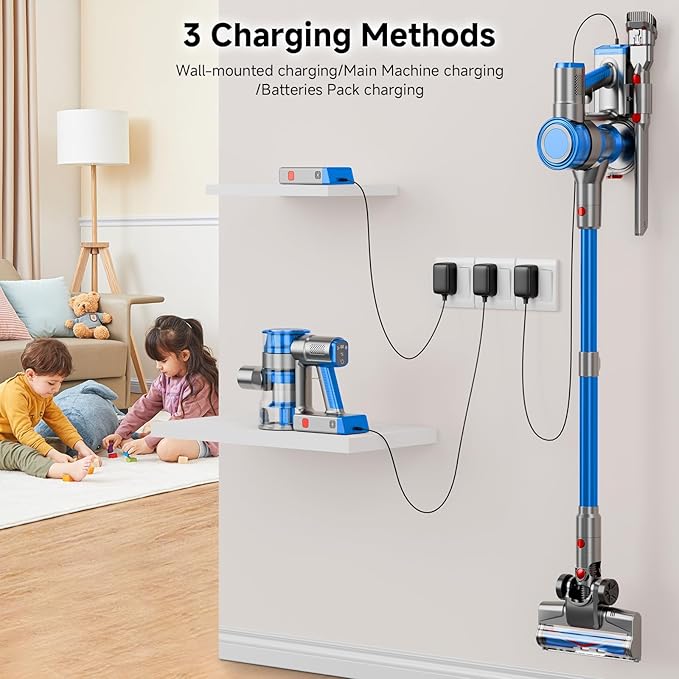 Cordless Vacuum Cleaner for Home, Powerful Stick Vacuum Cleaner with Rechargeable Battery, 6 in 1 Lightweight Handheld Vacuum, 45 Mins Runtime Cordless Vacuum for Hardfloor Carpets Pet Hair (Blue)