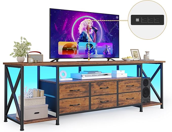 BTHFST TV Stand with LED Lights & Power Outlets, for TVs up to 80 Inches, 6 Drawers Entertainment Center with Open Storage Shelves, 63" TV Media Console Table for Living Room, Bedroom, Rustic Brown