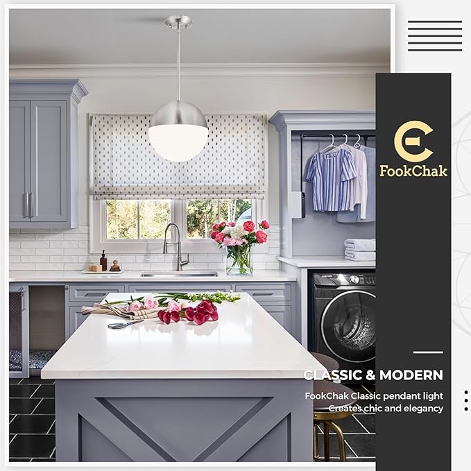 10in Brushed Nickel Pendant Light Globe Glass Kitchen Island Pendant Light Fixtures Modern Frosted Glass Hanging Light Milky White Ball Pendant Lights for Kitchen Sink Dining Room Entry Bathroom