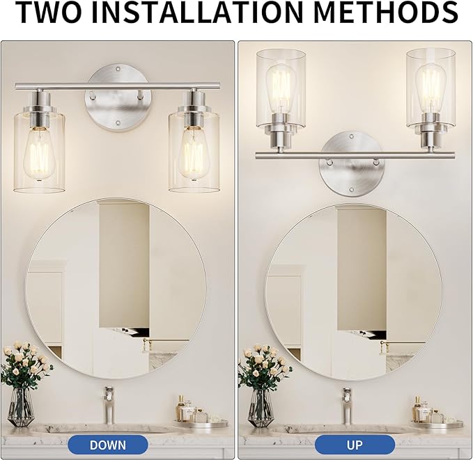 GORDNWE Bathroom Vanity Light Fixtures, 2 Light Brushed Nickel Bathroom Light, Vanity Sconce with E26 Bulb Base, Modern Wall Lights for Mirror, Hallway, Farmhouse