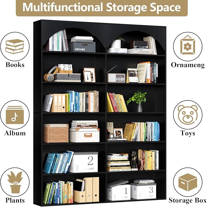 70.8'' Tall Bookshelf and Bookcase, 7-Tier Double Wide Bookcase Modern Large Open Display Shelves with Curved Baffle for Home Office Living Room (Black)