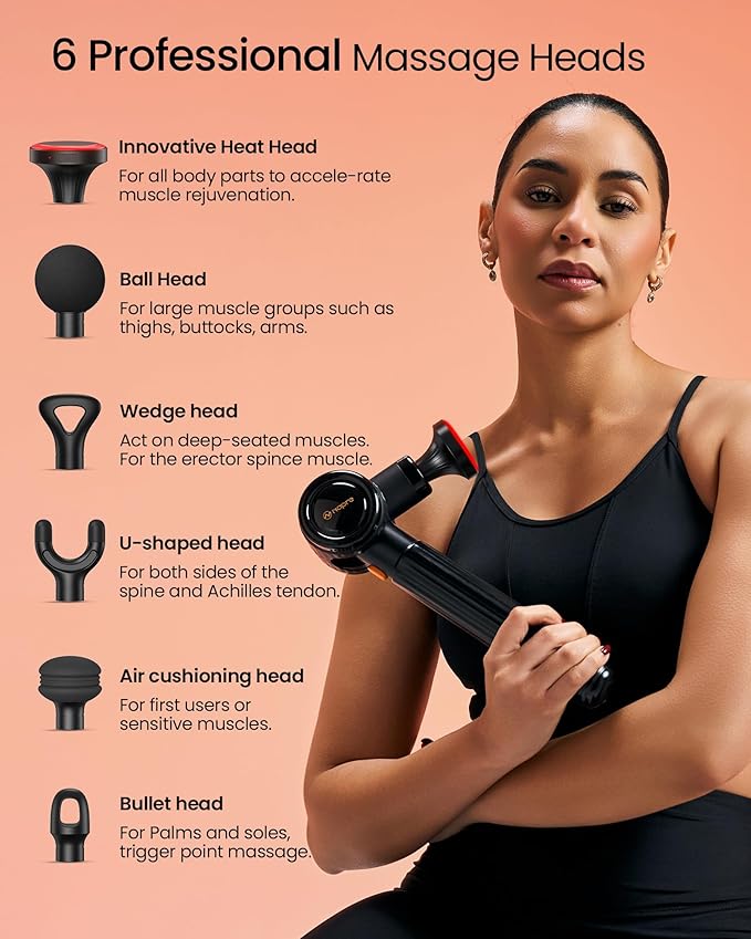 NAPRE Massage Gun with Heat,Massage Gun Deep Tissue with Extension Handle & 3 Adjustable Angles,Handheld Percussion Back Massager for Muscle/Neck/Body Pain Relief with Portable Case,Black