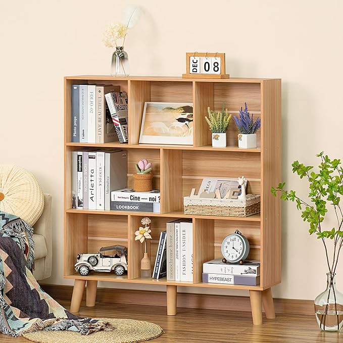 LEYAOYAO Wooden 5 Cube Bookshelf, Natural 3 Tier Book Shelf with Legs, Modern Open Storage Organizer,Boho Bookcase,Display Cabinet Shelf Free Standing Bookshelfs for Bedroom,Living Room,Study