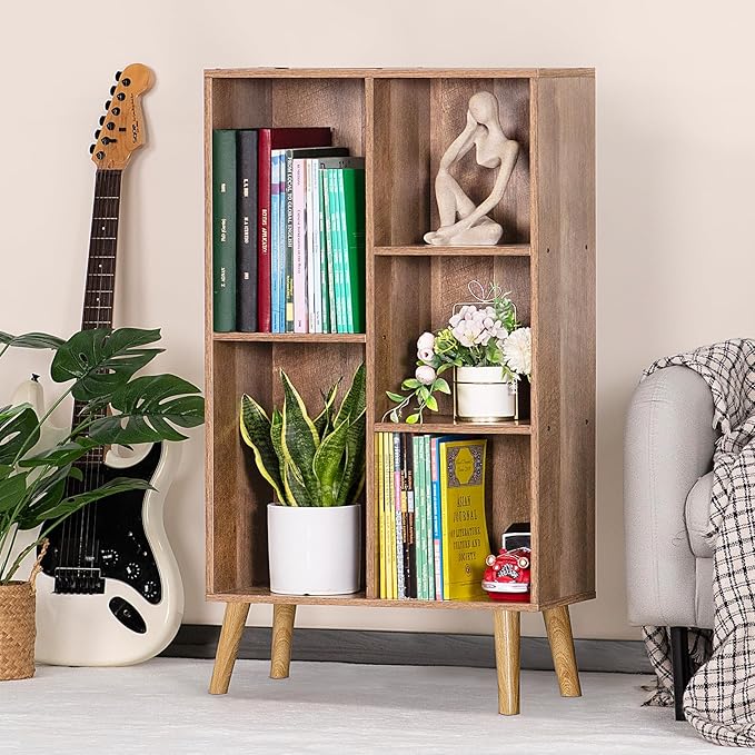 LEYAOYAO 5 Cube Small Bookshelf,3 Tier Mid-Century Bookcase with Legs,Wood Kids Bookshelves Storage Organizer Shelf,Free Standing Narrow Book Shelves,Oak Gray Corner Bookcases for Bedroom,Living Room